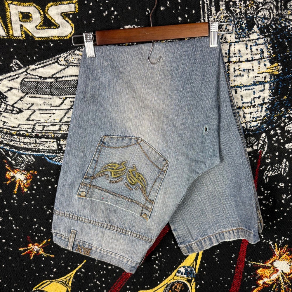 Brooklyn Express Baggy Jeans 38x30 Light Wash Embroidered Wing Y2K Streetwear
